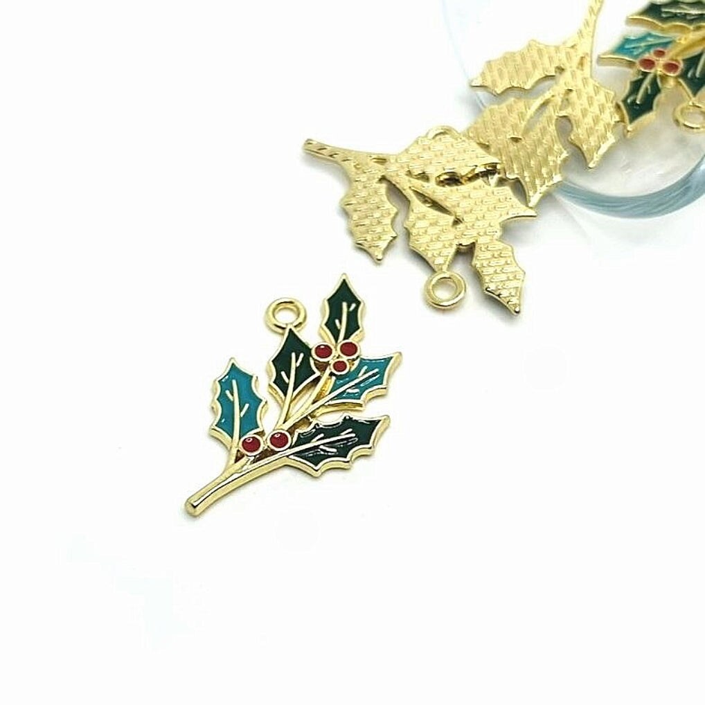 Enamel Christmas Mistletoe Holly Charms, 33x18mm