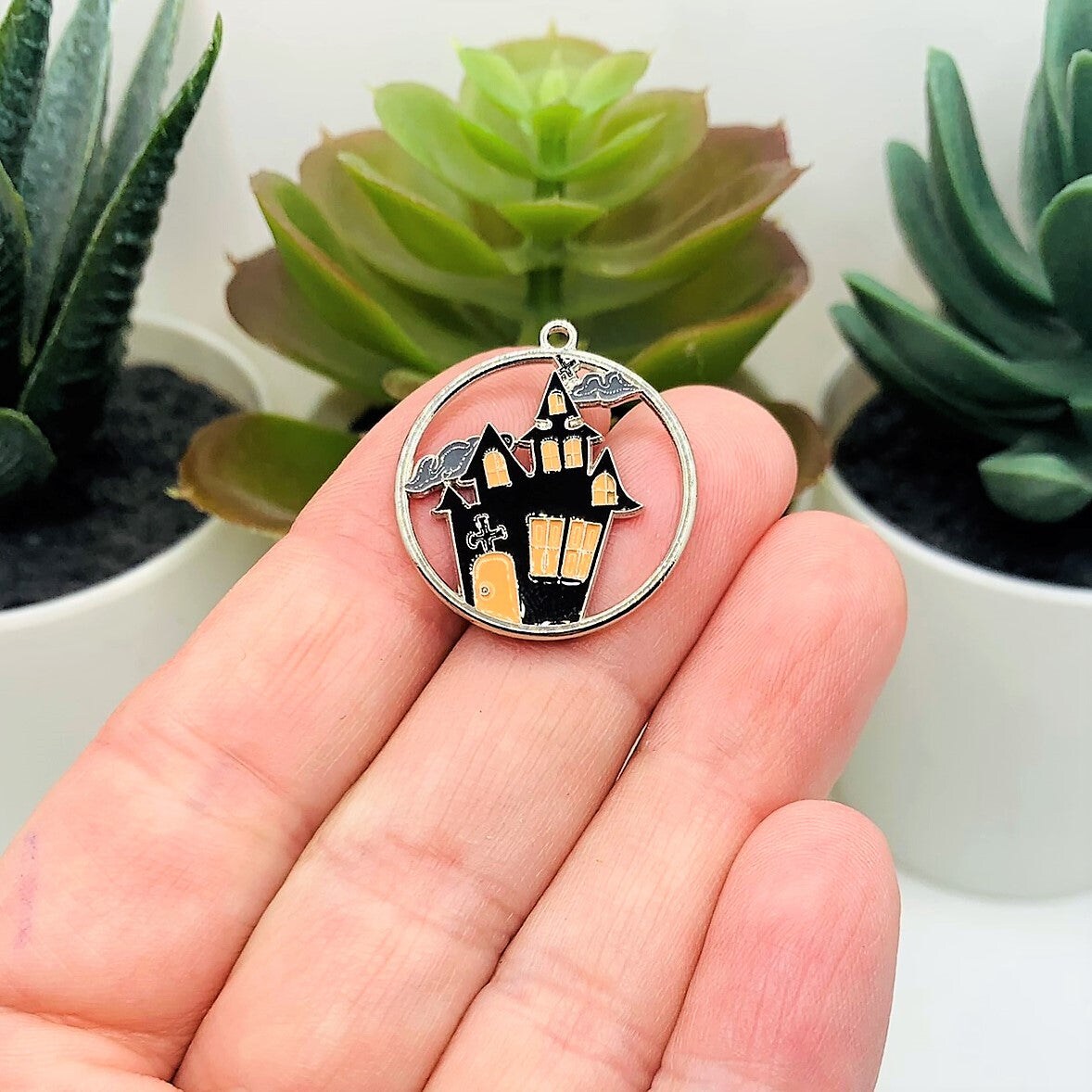 Enamel Haunted House Halloween Charms, 24x22mm