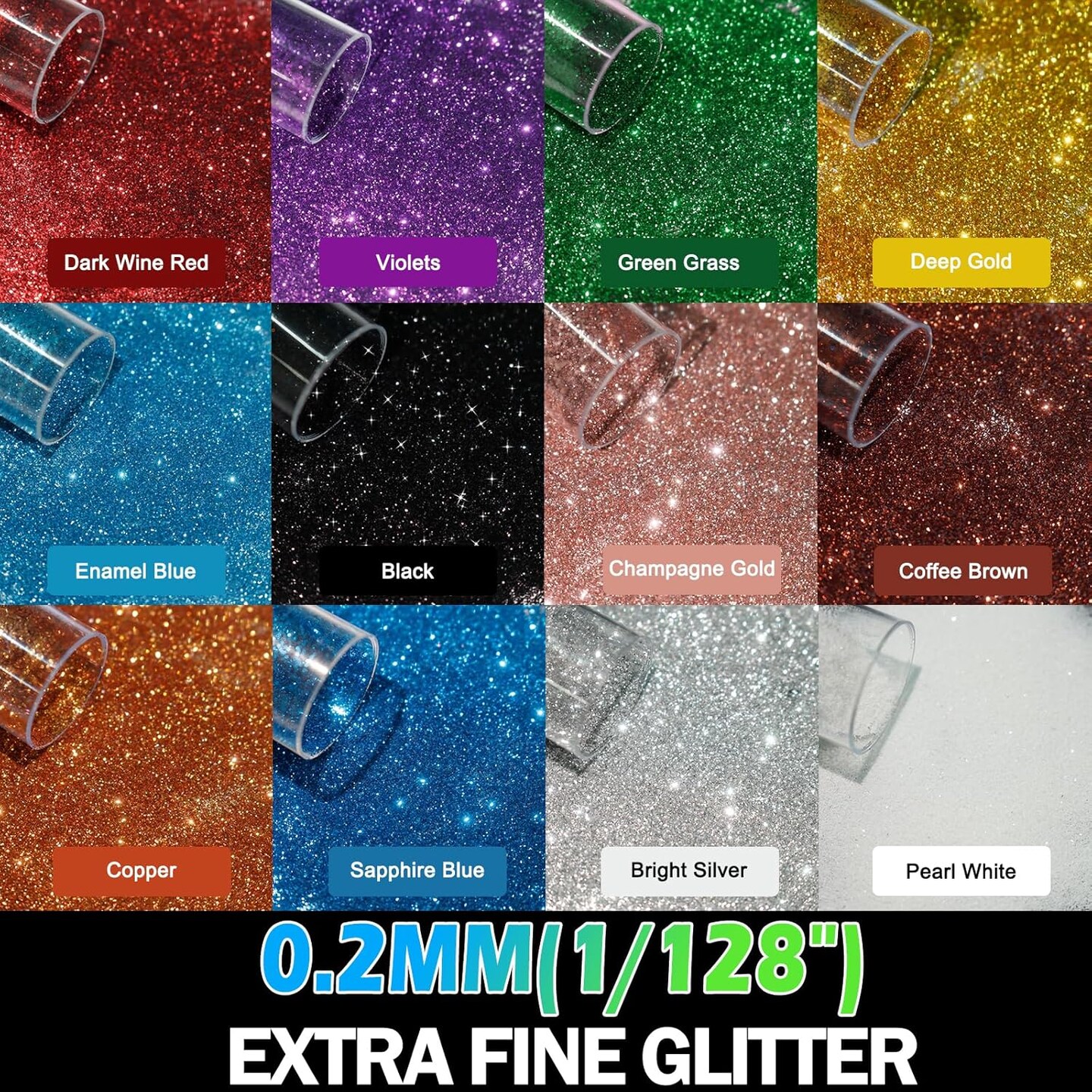 Ultra Fine Glitter Powder – 12 Colors Metallic & Iridescent Glitter Set, 2.11oz/60g (5g per Jar) for Crafts, Resin, Tumblers, Snowglobes, Slime, Scrapbooking, Jewelry, Body & Nail Art