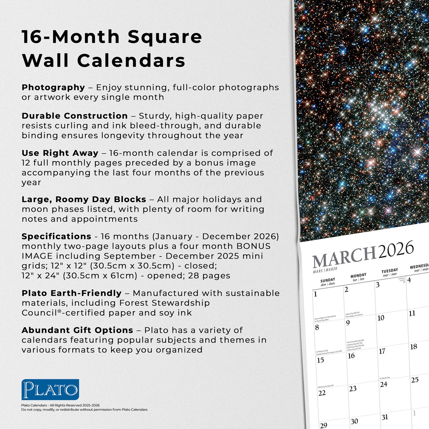 Outer Space | 2026 12 x 24 Inch (Hanging) Monthly Square Wall Calendar | Foil Stamped Cover
