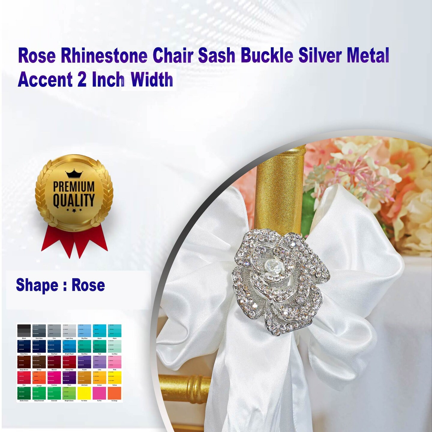 Rose Rhinestone Chair Sash Buckle Silver Metal Accent 2 Inch Width
