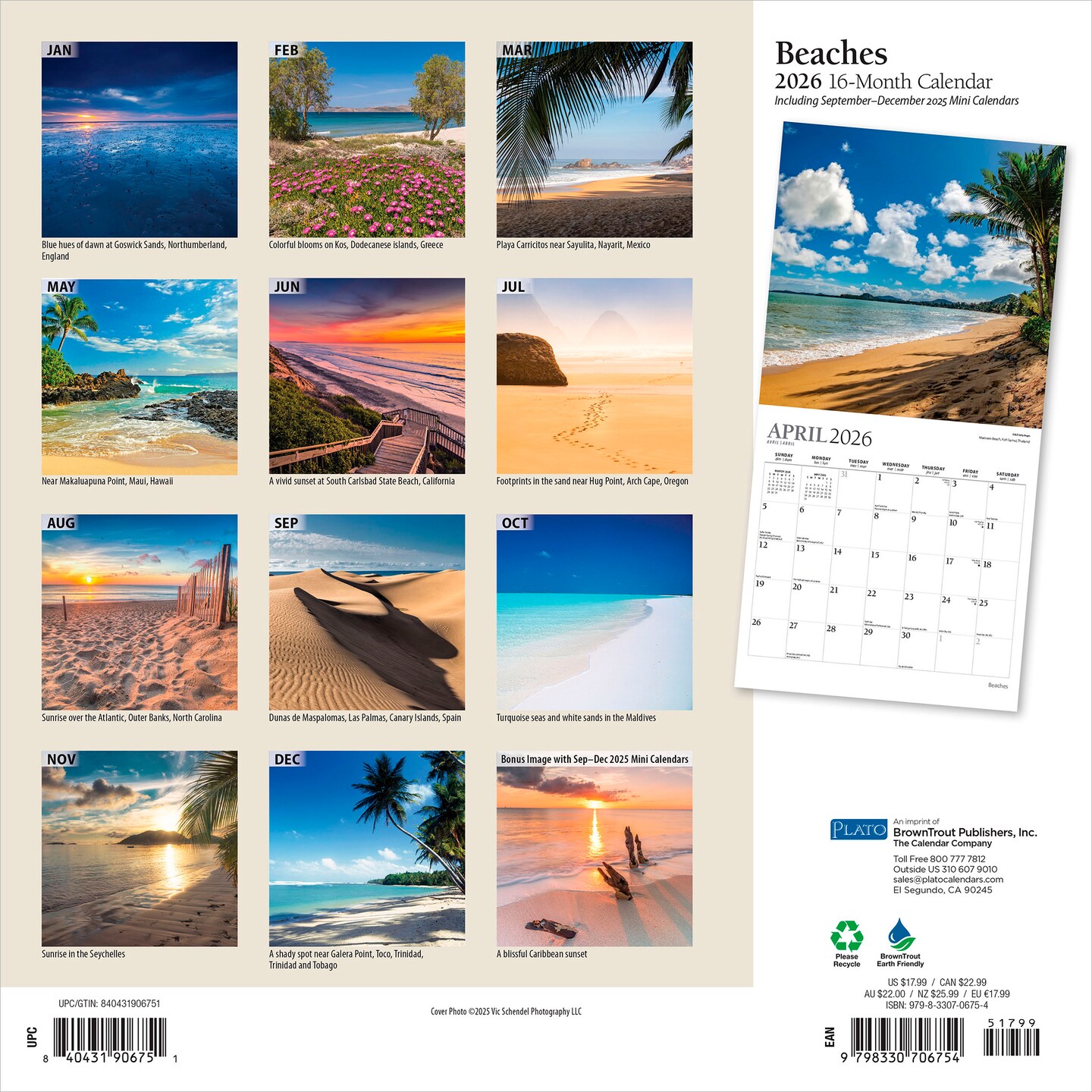 Beaches | 2026 12 x 24 Inch (Hanging) Monthly Square Wall Calendar | Foil Stamped Cover