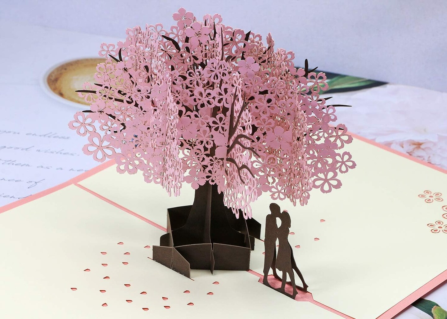Handmade Cherry Blossom Card Pop Up 3D Flower Card Romantic Love Letter Greeting Anniversary Wedding Valentine Birthday Gift Card Blank Stationery Paper Card for Her Him Husband Wife