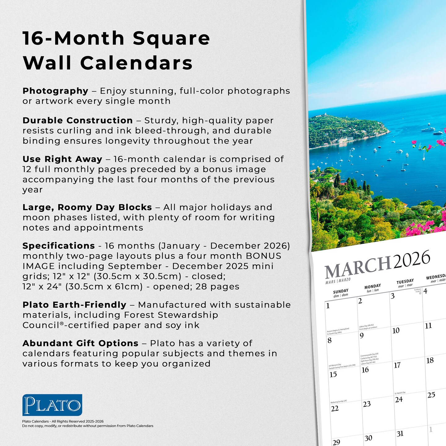 By the Sea | 2026 12 x 24 Inch (Hanging) Monthly Square Wall Calendar | Foil Stamped Cover