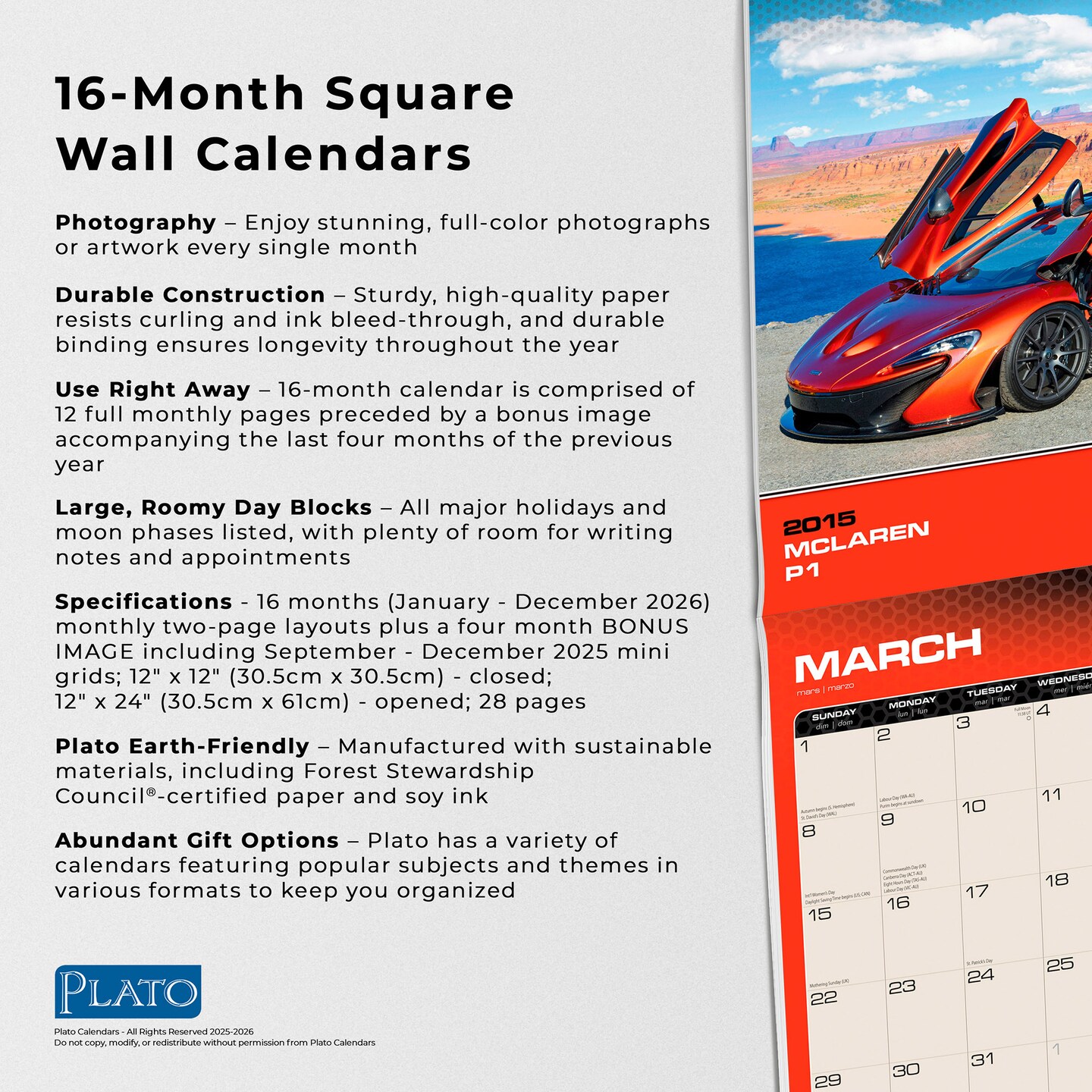Supercars | 2026 12 x 24 Inch (Hanging) Monthly Square Wall Calendar | Foil Stamped Cover