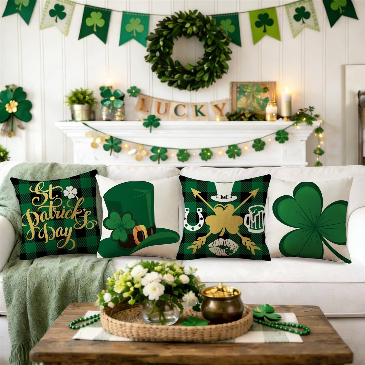 St Patricks Day Pillow Covers 18x18 Buffalo Plaid St Patricks Day Decorations Lucky Clover Hat Throw Pillow Covers Shamrock Cushion Case for Sofa Couch Set of 4