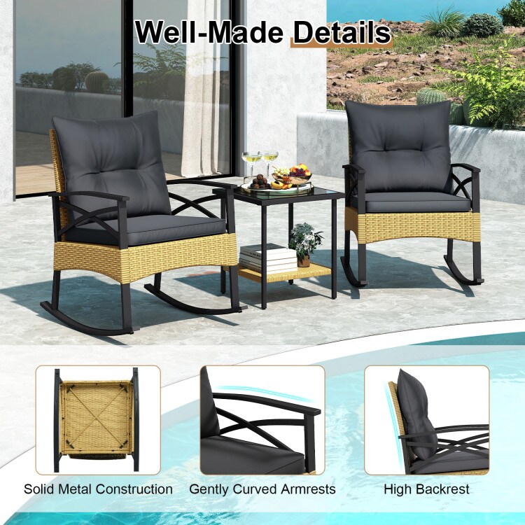 Rattan Rocking Chairs Set of 3 with 2-Tier Side Table for Backyard Patio