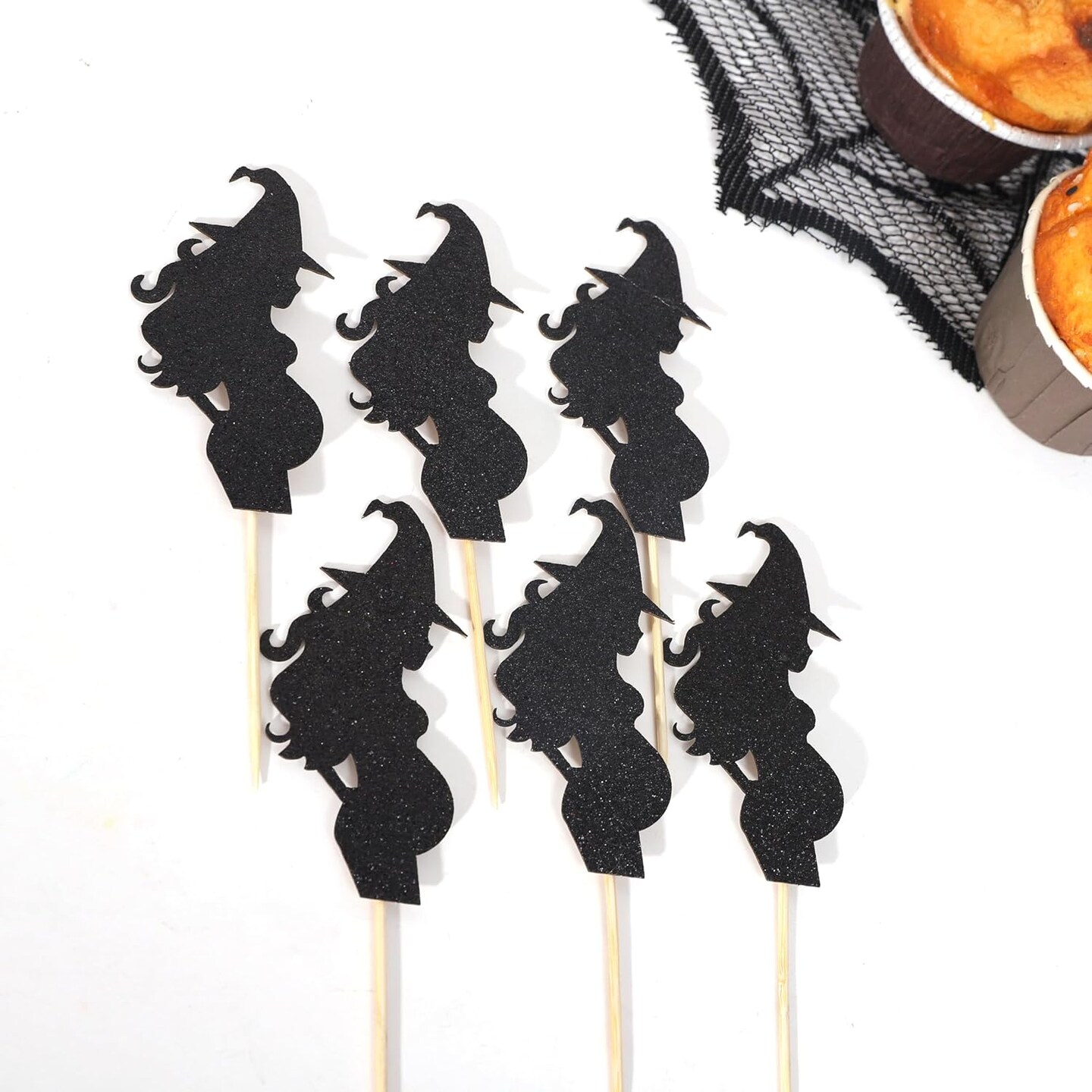 12-Pack Halloween Witch Baby Shower Cupcake Toppers – Black Glitter Pregnant Witch Picks for Gender Reveal, Pregnancy Announcement & Halloween Party Decorations