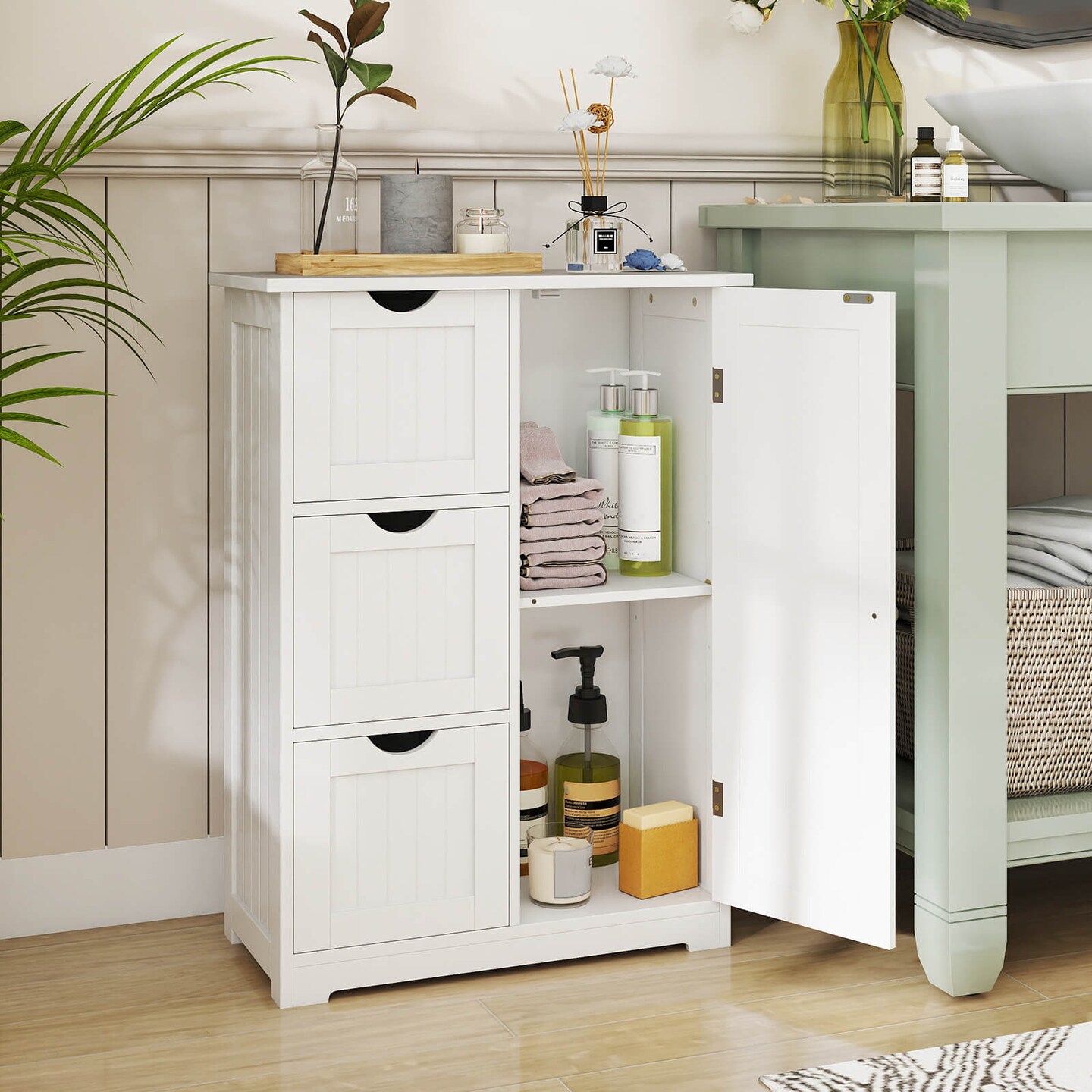 Costway Bathroom Floor Cabinet Side Storage Cabinet with 3 Drawers and 1 Cupboard Grey\ Black