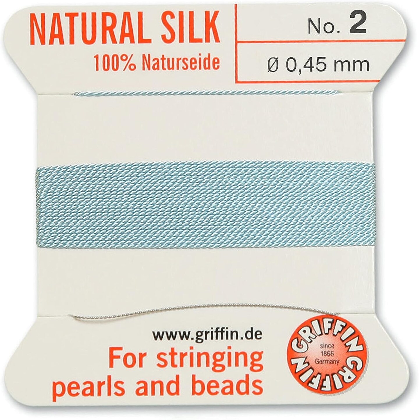 Griffin Silk Bead Cord Perlseide – Size 2 (0.45mm) – 2 Meters per Card – Stainless Steel Needle Attached – for Knotting Pearls, Gemstones, Crystals and Beads