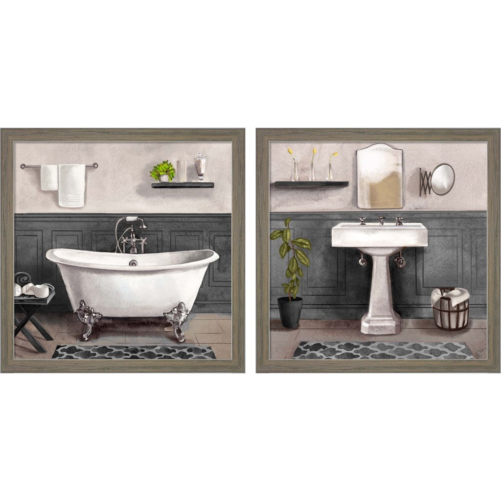 Serene Bath Black & White by Bannarot, 2 Piece Rustic Grey Framed Art Set