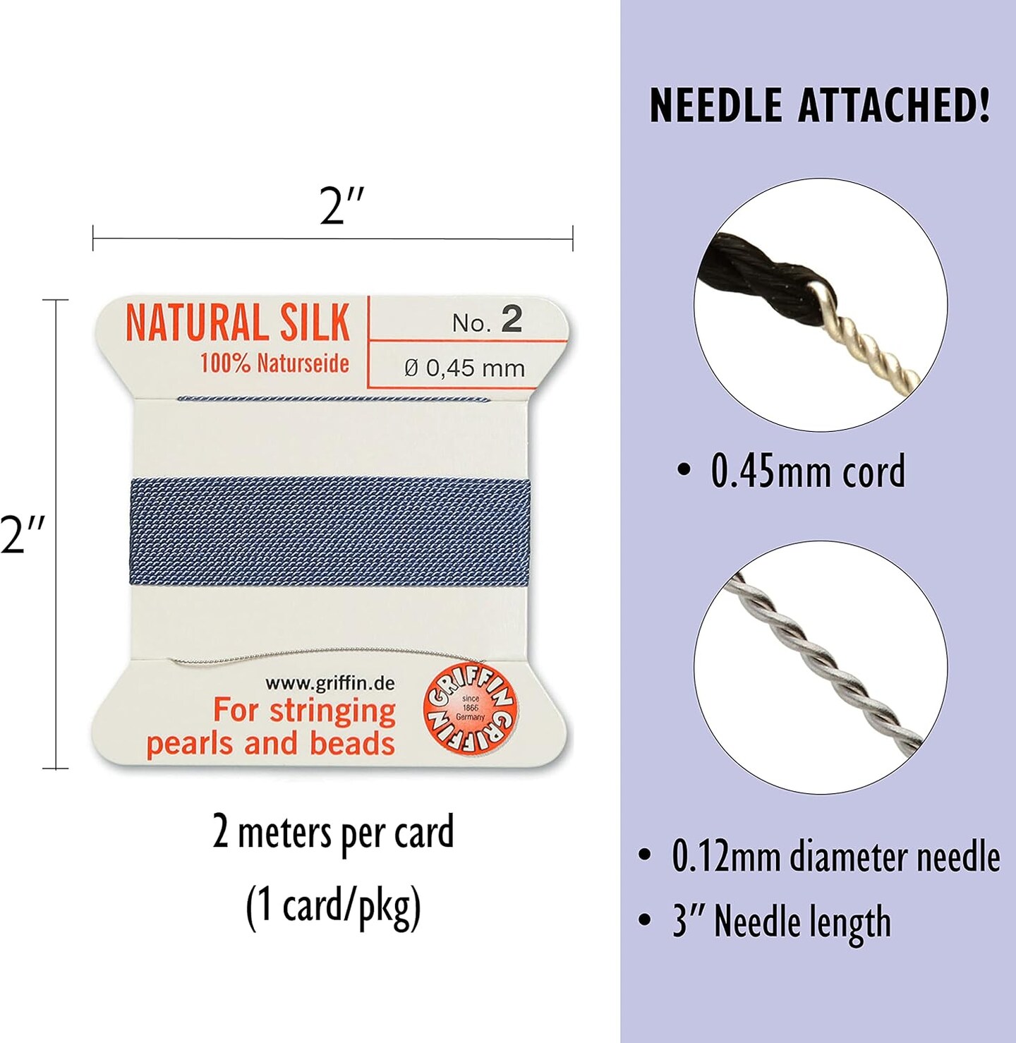 Griffin Silk Bead Cord Perlseide – Size 2 (0.45mm) – 2 Meters per Card – Stainless Steel Needle Attached – for Knotting Pearls, Gemstones, Crystals and Beads