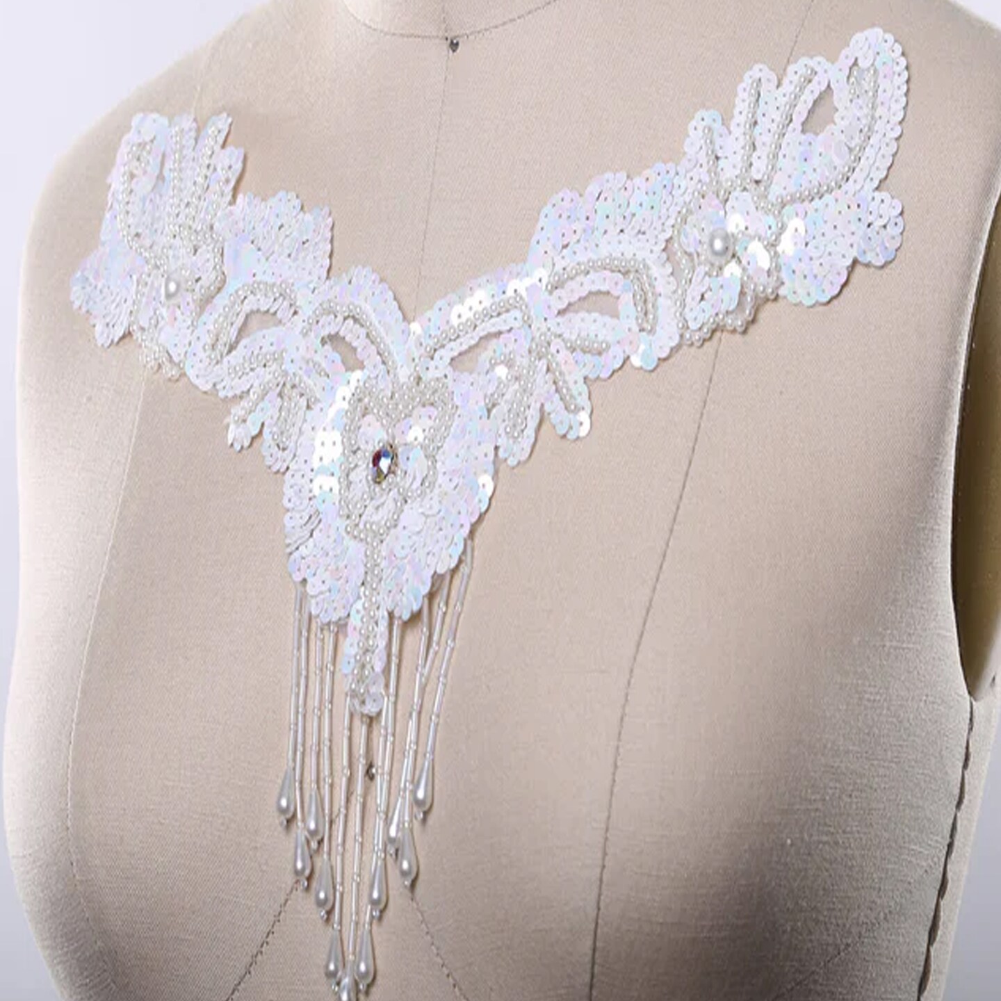 1 Piece White Sequin V Shaped Applique with Beaded Fringe and Rhinestone Embellishment