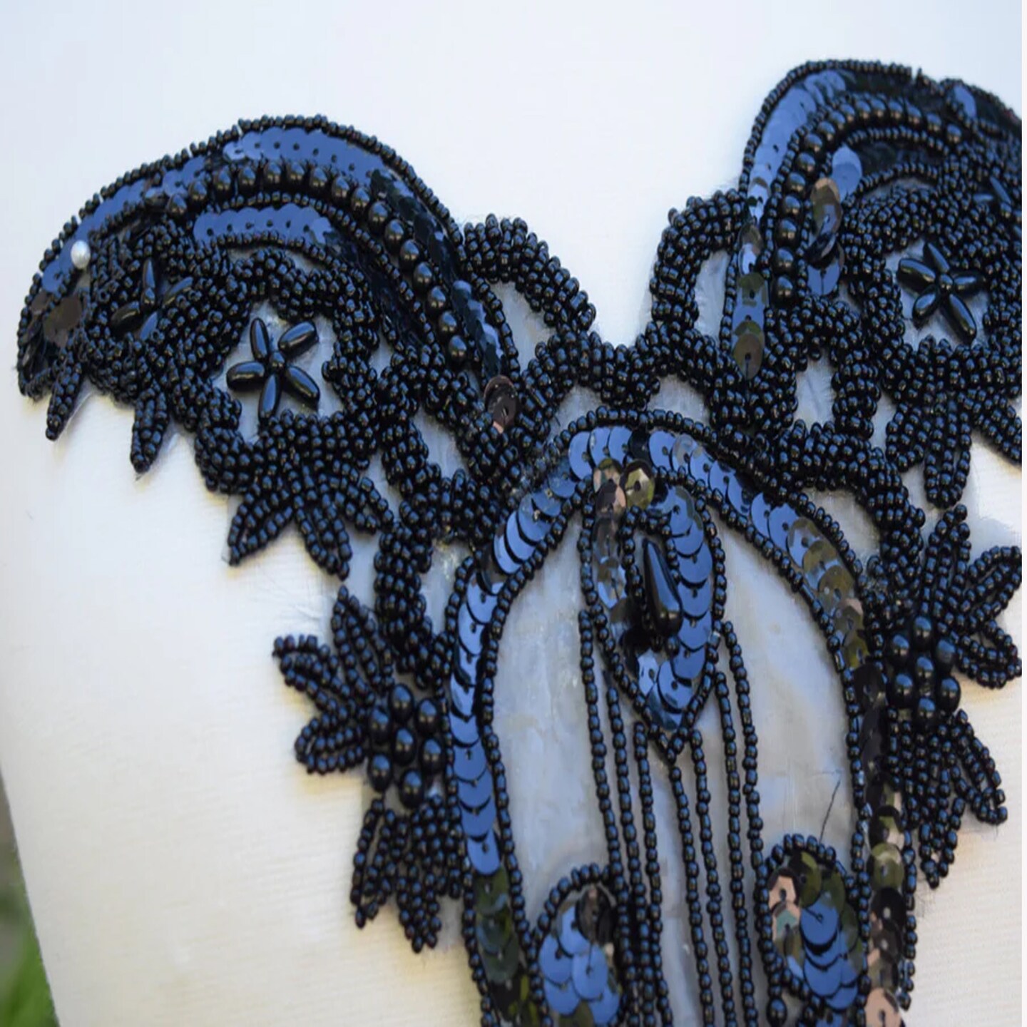 1 Piece Black Sweetheart Neckline Applique with Beaded Fringe and Sequins Iron On Patch