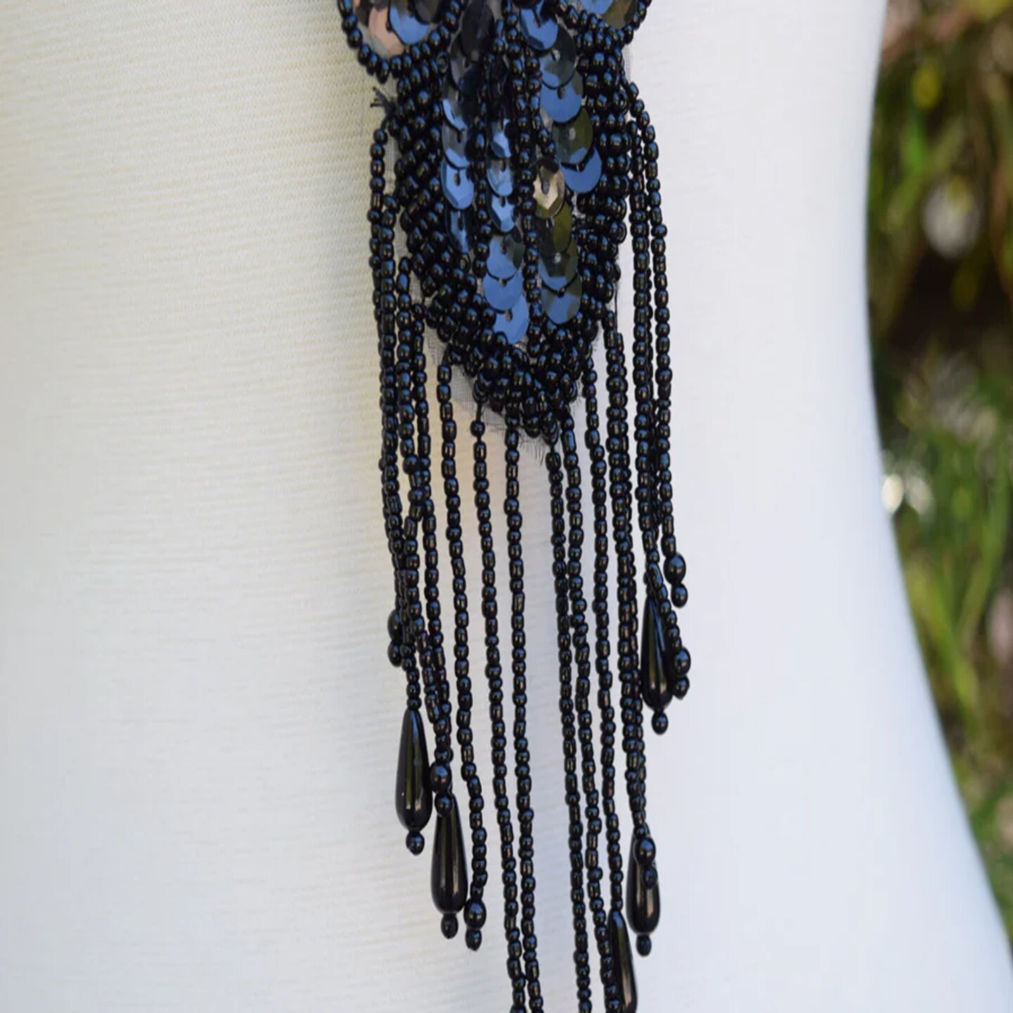 1 Piece Black Sweetheart Neckline Applique with Beaded Fringe and Sequins Iron On Patch