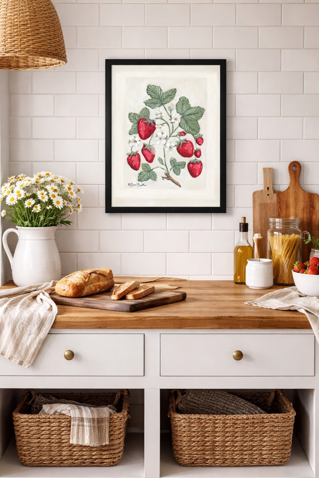 12" x 16" Sweet Summer Strawberries I Framed Wall Art, Contemporary Kitchen Home Décor, Glass Facing and Hanging Hardware Included