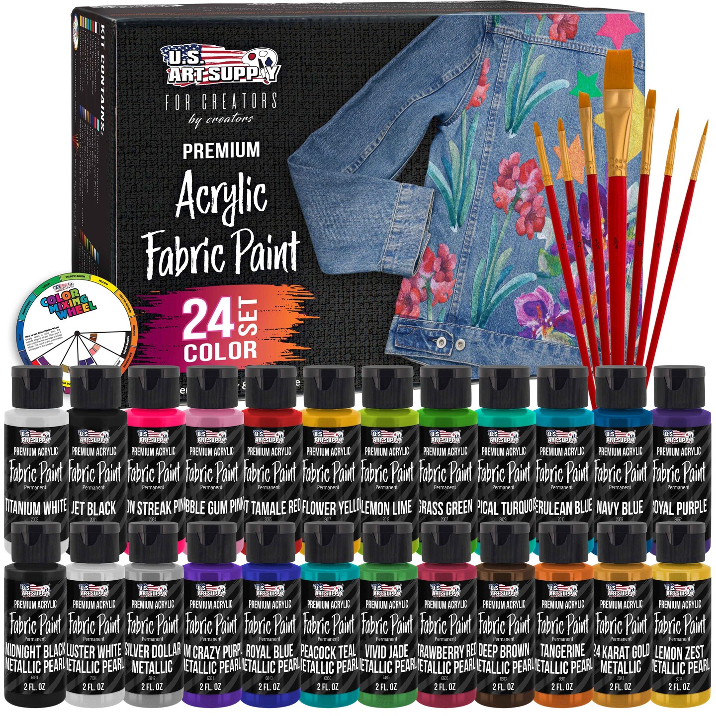 24 Color Permanent Acrylic Fabric Paint Set, 2oz, with 7 Brushes - Textile Paints for Clothes, Denim, Canvas, Upholstery & Furniture - Permanent Fabric Paints