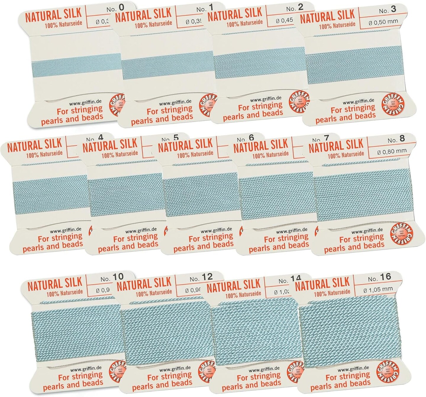 Griffin Silk Bead Cord Perlseide – Size Assortment 0-16 – 2 Meters per Card – Stainless Steel Needle Attached – for Knotting Pearls, Gemstones, Crystals and Beads