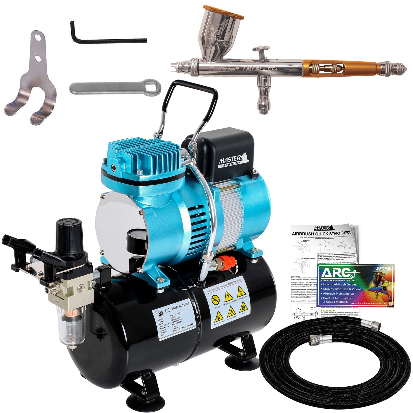 Talon TG Series Dual-Action Gravity Feed Airbrush Kit with Compressor with Air Storage Tank and Air Regulator with Gauge &#x26; Air Hose