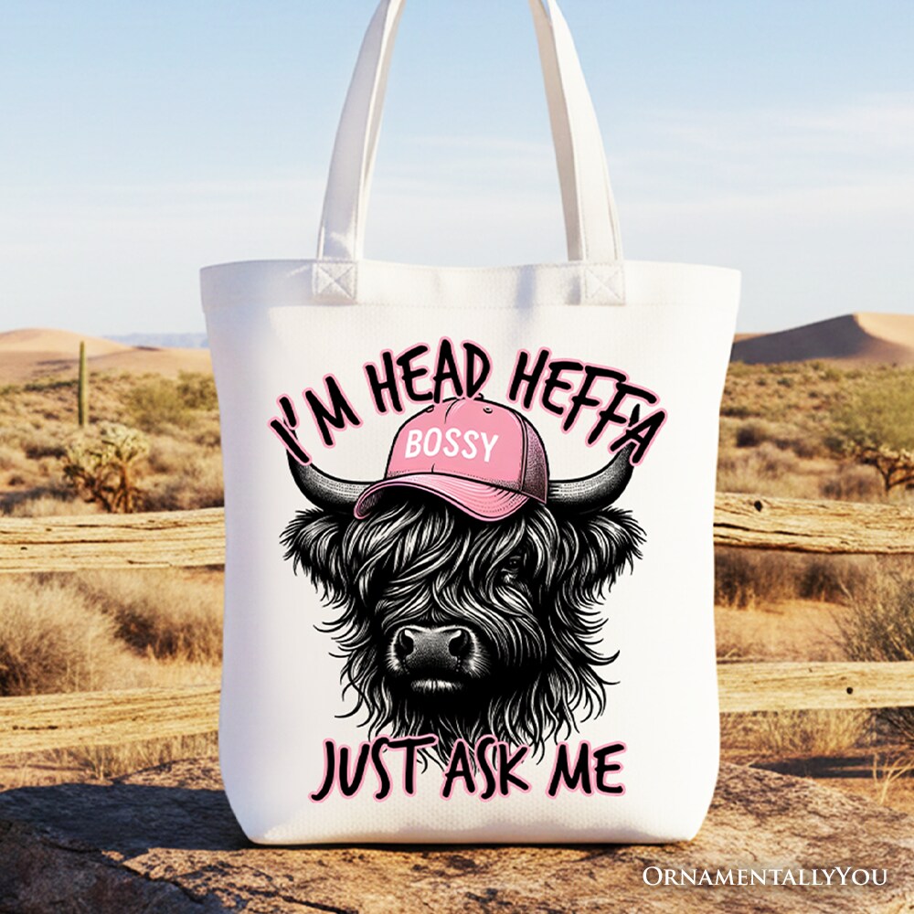 Bossy Highland Cow Canvas Tote Bag, Head Heifer Funny Western Gift Shopper