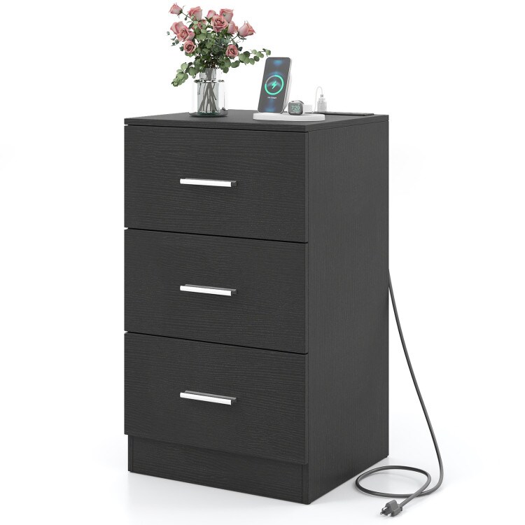 Bedside Nightstand with Charging Station and 3 Storage Drawers for Easy Organization