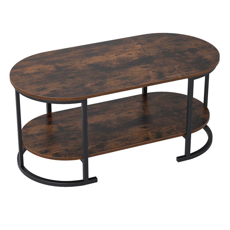 2-Tier Oval Coffee Table Wooden Accent Table with Open Storage and Spacious Top