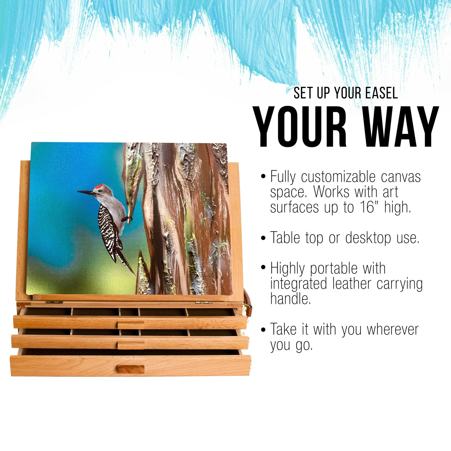 Adjustable Wooden Art Easel: Portable Tabletop Easel with Storage 3-Drawers & Paint Palette - Beechwood Table Top Easels for Painting, Canvas, Artist Stand & Drawing Board