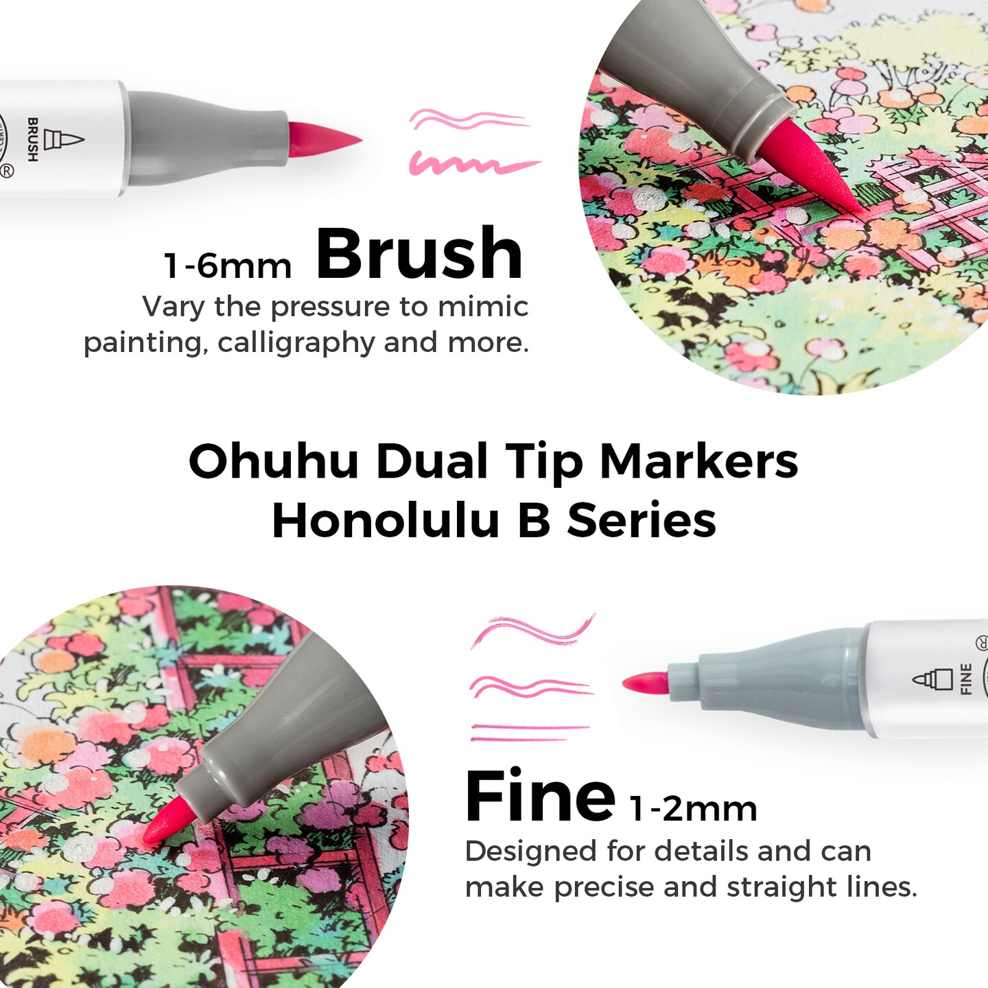Ohuhu Honolulu B 48/96 Pastel Colors Markers Alcohol Based - Brush & Fine Dual Tips - Sweetness & Blossoming Color Sets