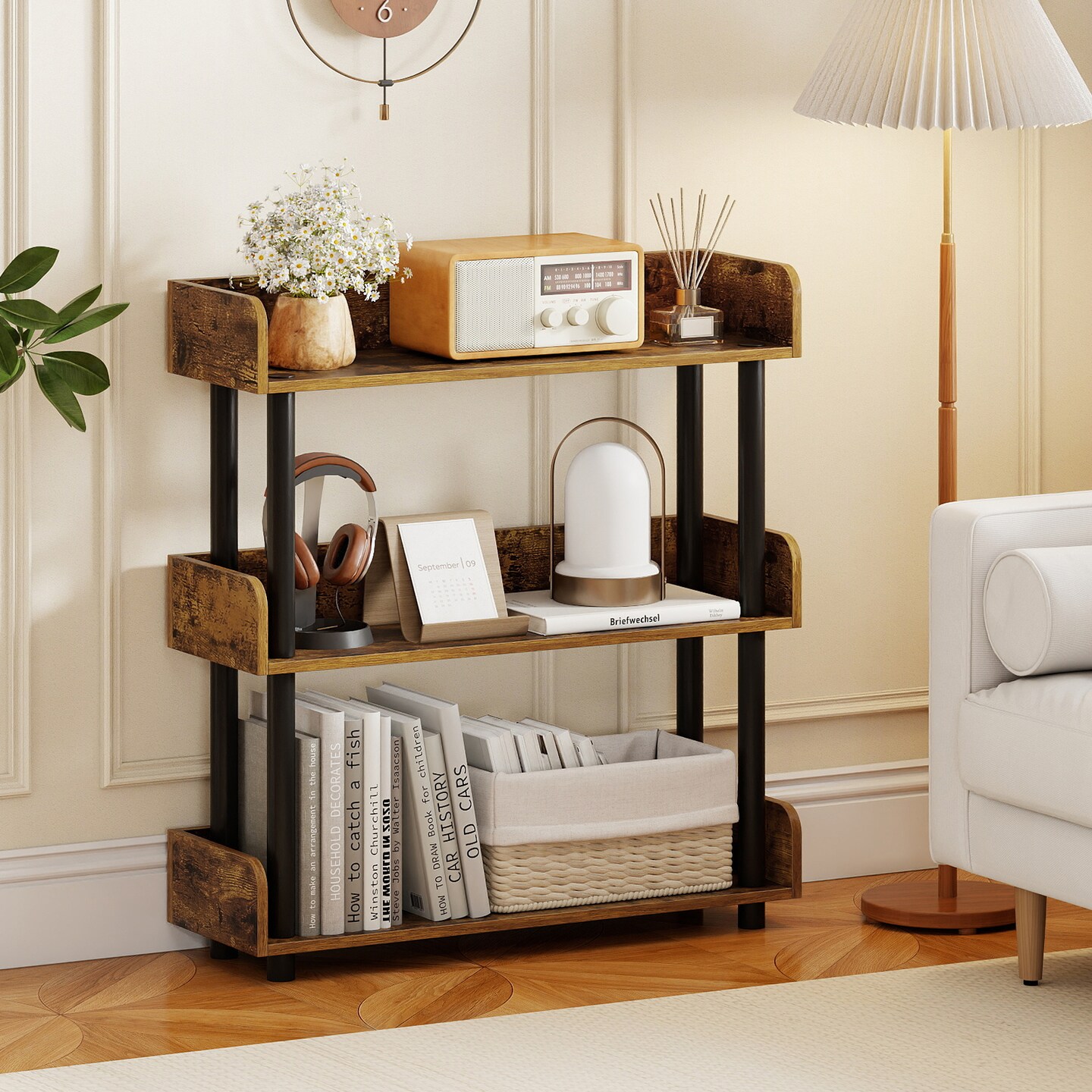 Industrial 3-Tier Bookshelf with Anti-Tipping Kit and Open Storage Shelves