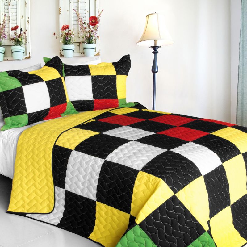 Full/Queen 3-Piece Patchwork Checkered Quilt Set Reversible Vermicelli Quilted Handmade Bedding
