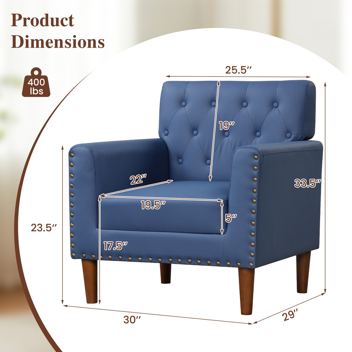 Tufted Faux Leather Accent Chair with Rubber Wood Legs – Modern Armchair with 5'' Thick Cushion