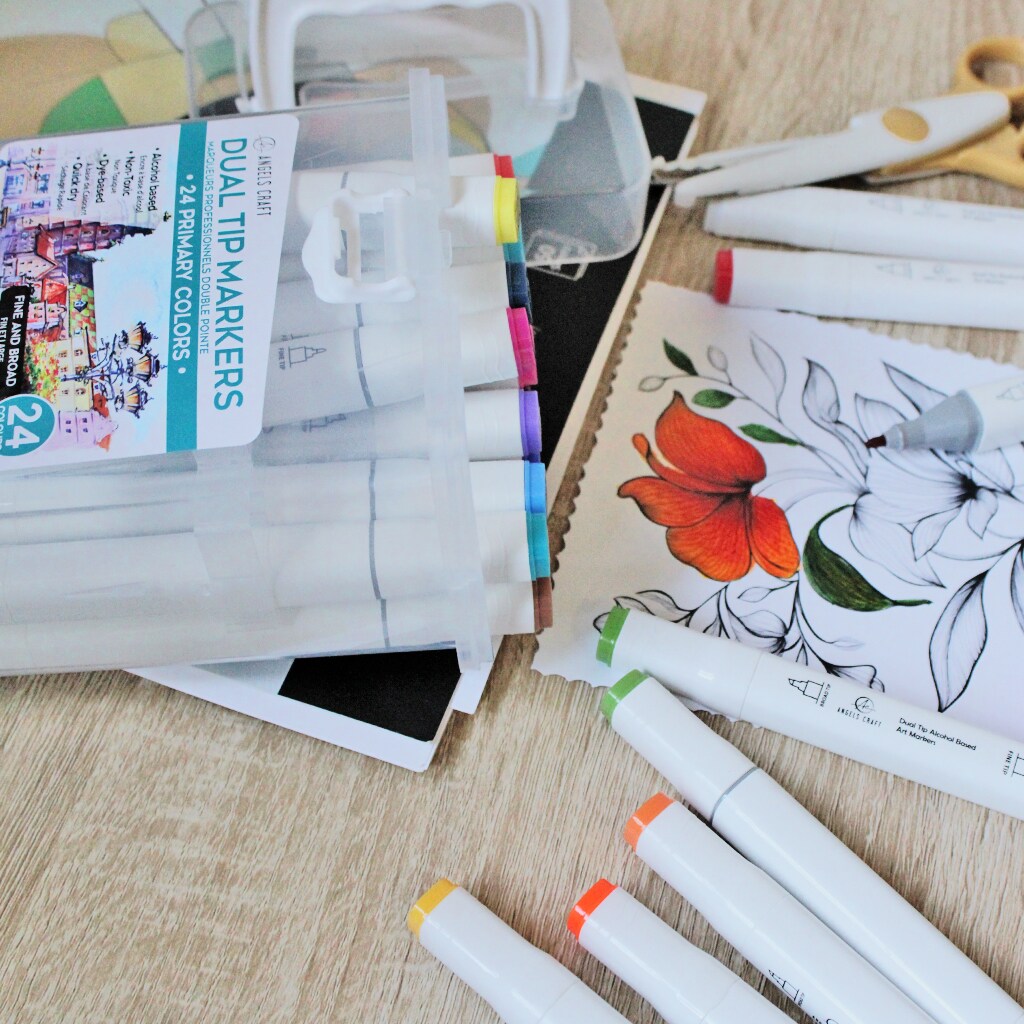 Angels Craft 24 Count Dual Tip Alcohol Markers in Primary Colors Includes Clear Plastic Storage Case