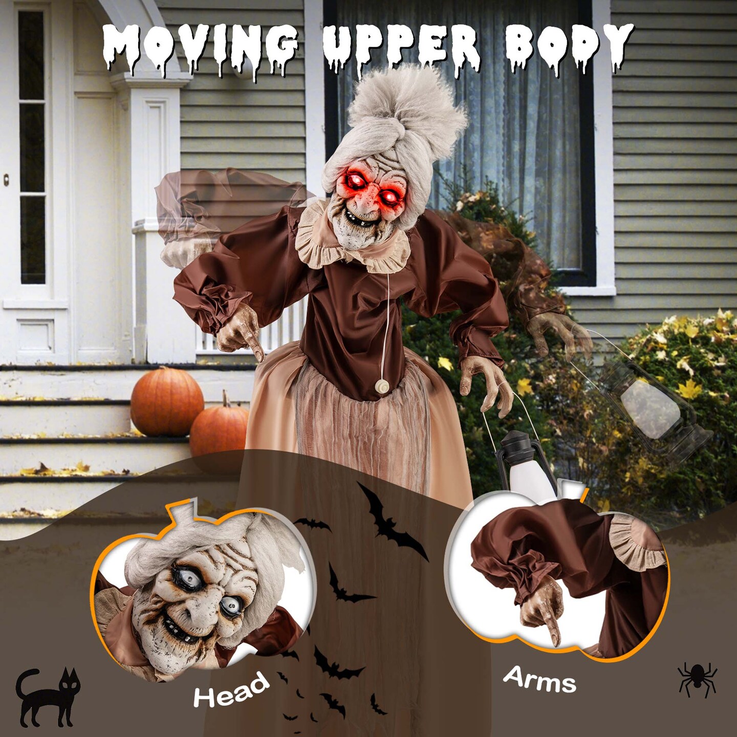 Costway Life-Size Halloween Animatronic Moving and Talking Old Lady Hag Prop with LED Lighted Red Eyes and Holding Lantern