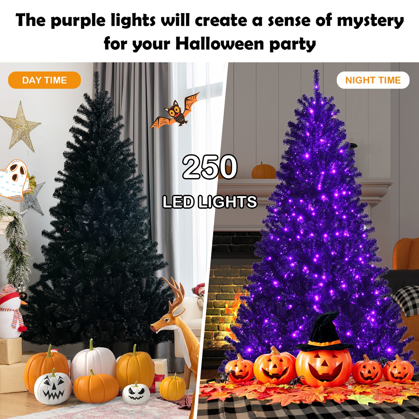 Costway 6ft Pre-lit PVC Christmas Halloween Tree Black w/ 250 Purple LED Lights