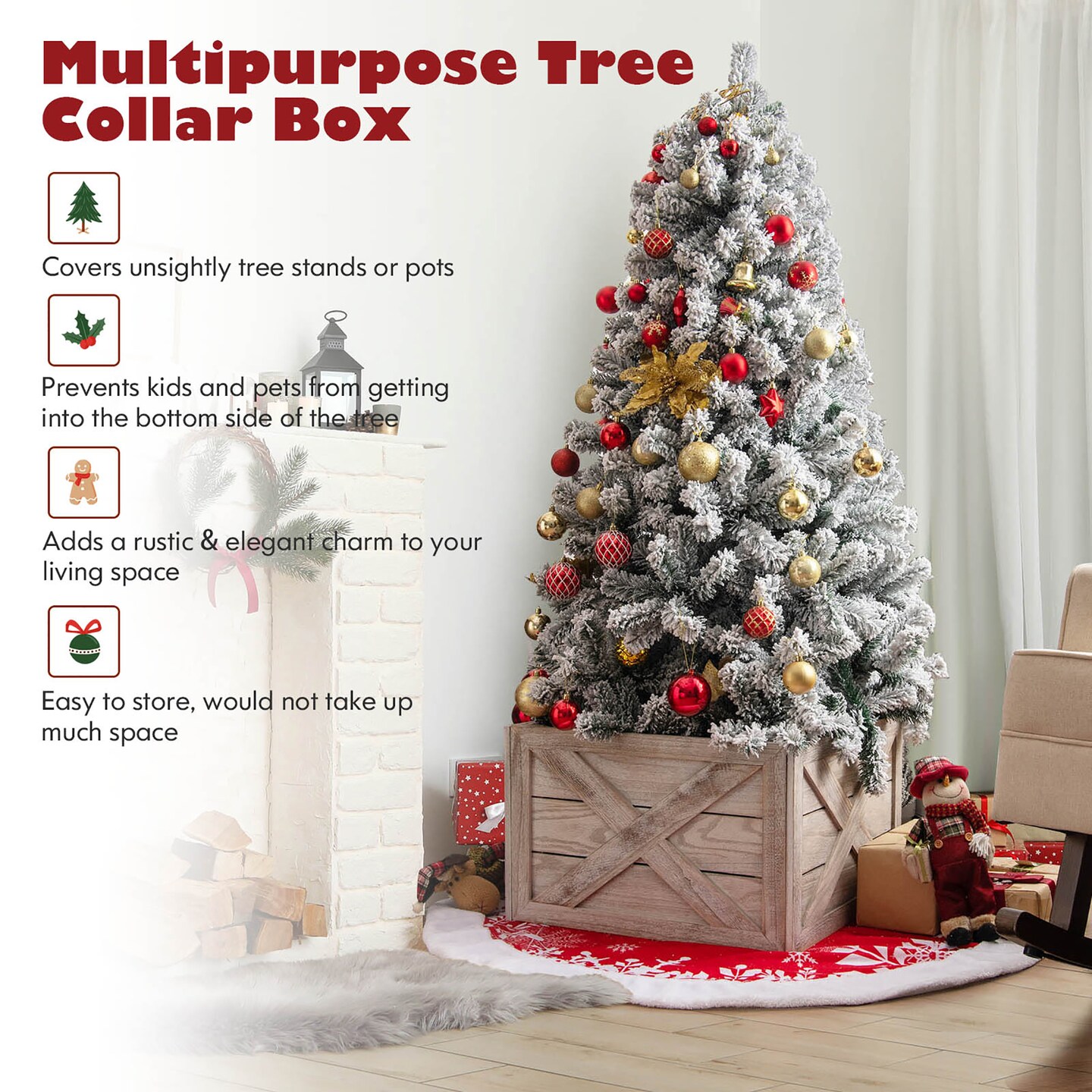 Costway Wooden Tree Collar Box Farmhouse Christmas Tree Skirt Cover 30.5 x 22.5 in Grey\Brown