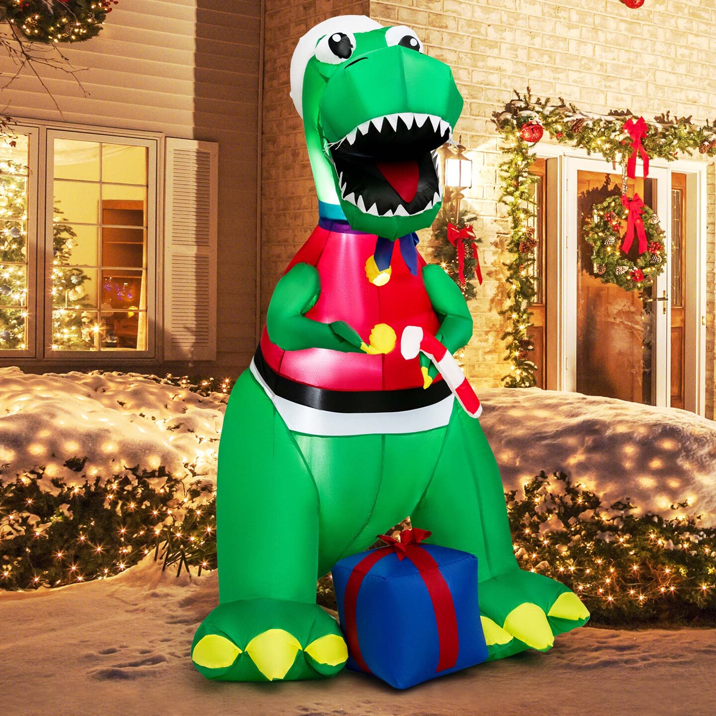 Costway 6FT Inflatable Christmas Dinosaur Dinosaur Decoration with LED Lights &#x26; Gift Box