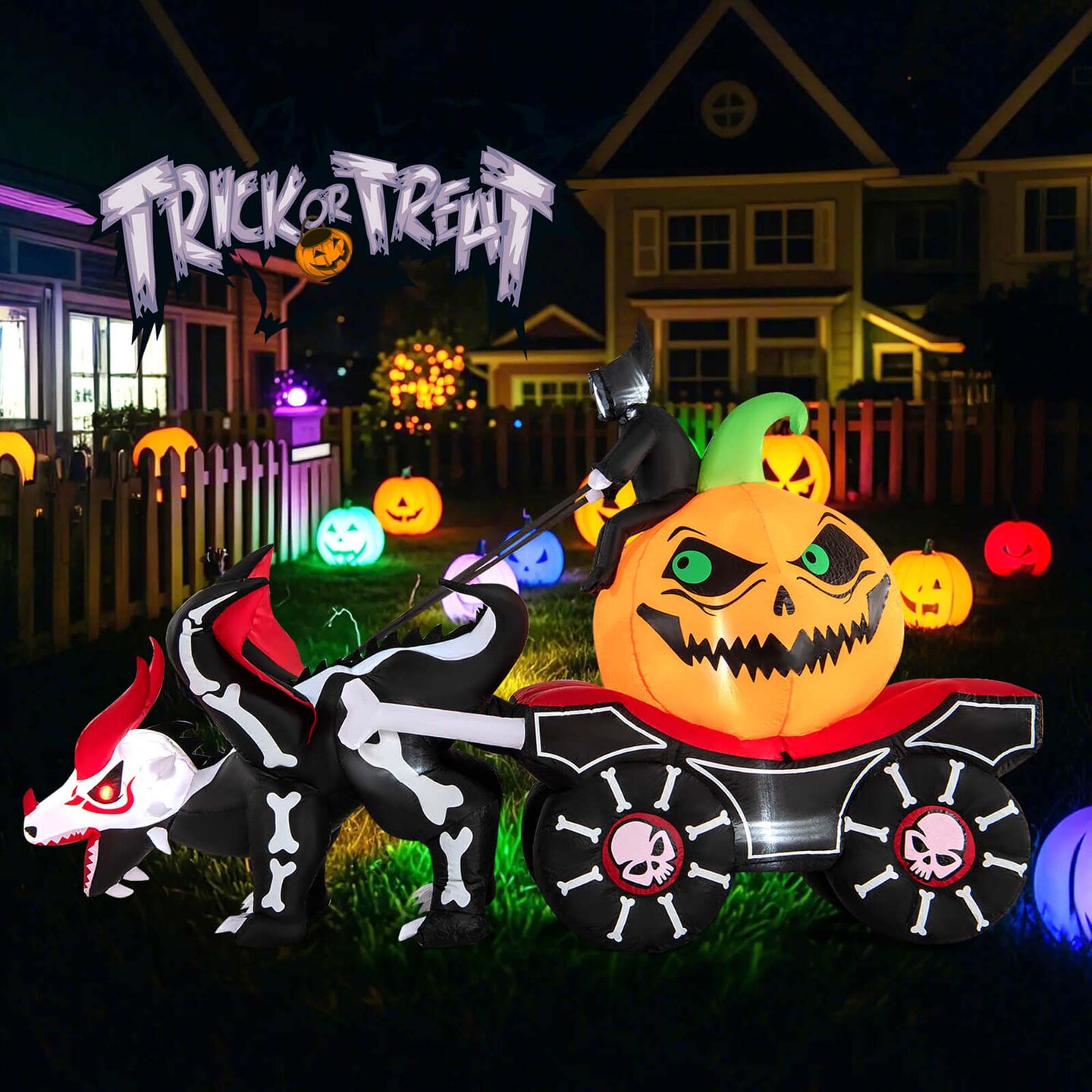 Costway 9 FT Long Halloween Inflatable Decoration Grim Reaper Driving Pumpkin Carriage