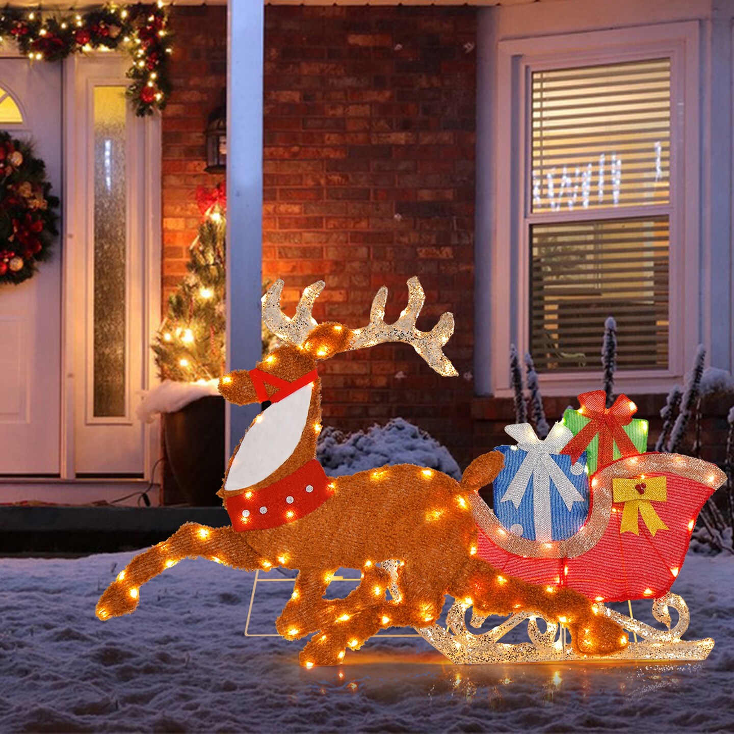 Costway Lighted 2D Christmas Reindeer and Sleigh Decoration Pre-Lit Glittered Decoration