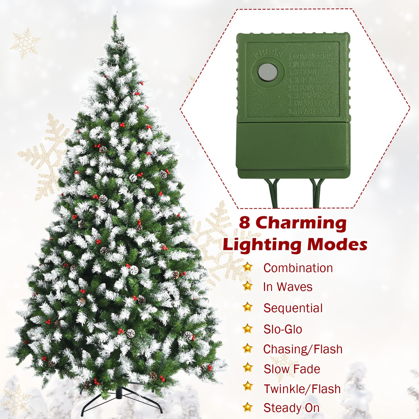 Costway 6ft\7.5ft\9ft Pre-lit Snowy Christmas Tree 818\1398\2058  Tips w/ Pine Cones &#x26; Red Berries