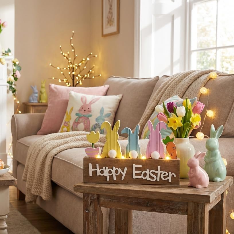 Easter Decorations, Wooden Easter Decor for Table with LED Lights, Lighted Bunny Decorations for The Home Decor Shelf Tiered Tray Living Room, 8 Inch, Pink Blue