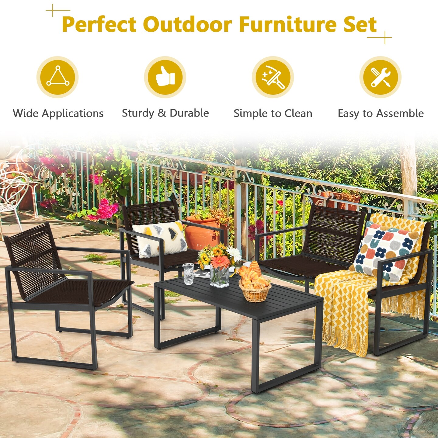 Black-Brown Steel Patio 4-Piece Sofa Set with Loveseat and Coffee Table