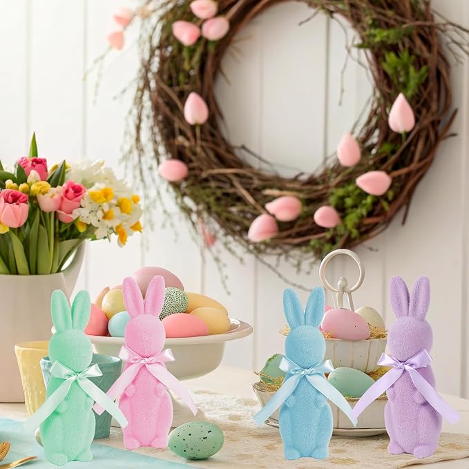 Flocked Bunny Easter Decorations Pastel Rabbit Figurines with Bow for Spring Easter Home Office Party Table Centerpiece Decoration, 4 Pcs