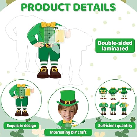 60Pcs St. Patrick's Day Paper Cutouts St. Patrick's Bulletin Board Decoration Leprechaun DIY Photo Craft Cutout Leprechaun Hat Classroom Supplies for Irish March Shamrock Party Chalkboard Wall Decor