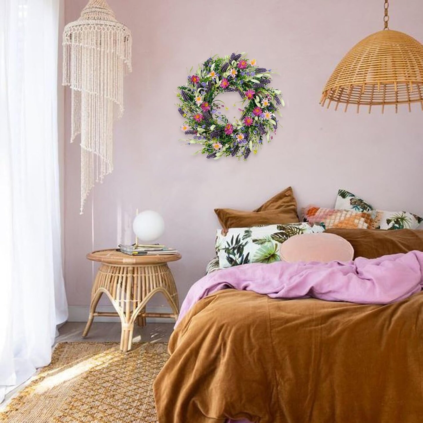 22” Spring Summer Artificial Flower Wreath – Colorful Lavender, Daisies & Green Leaves for Front Door, Wall, Porch, Farmhouse Indoor & Outdoor Home Décor