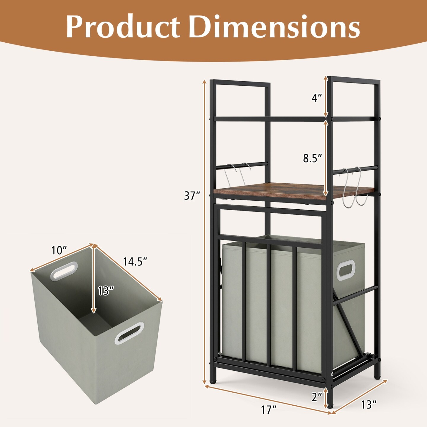 Black Rustic Brown Laundry Hamper with Tilt Out Basket Shelves and Laundry Bag