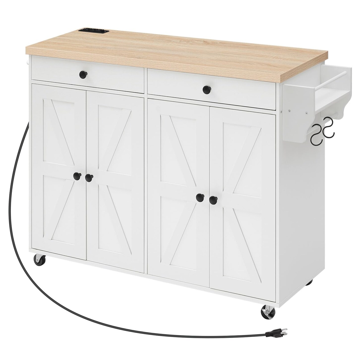 White Particleboard and Metal Kitchen Rolling Island with Drawers, Cabinets and Charging Station