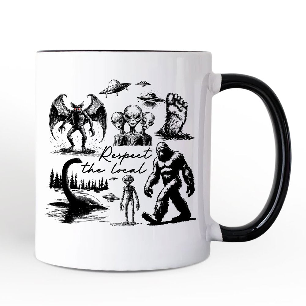 Respect The Local Cryptid Squad Mug, Funny Bigfoot Alien Mothman Meme Gift