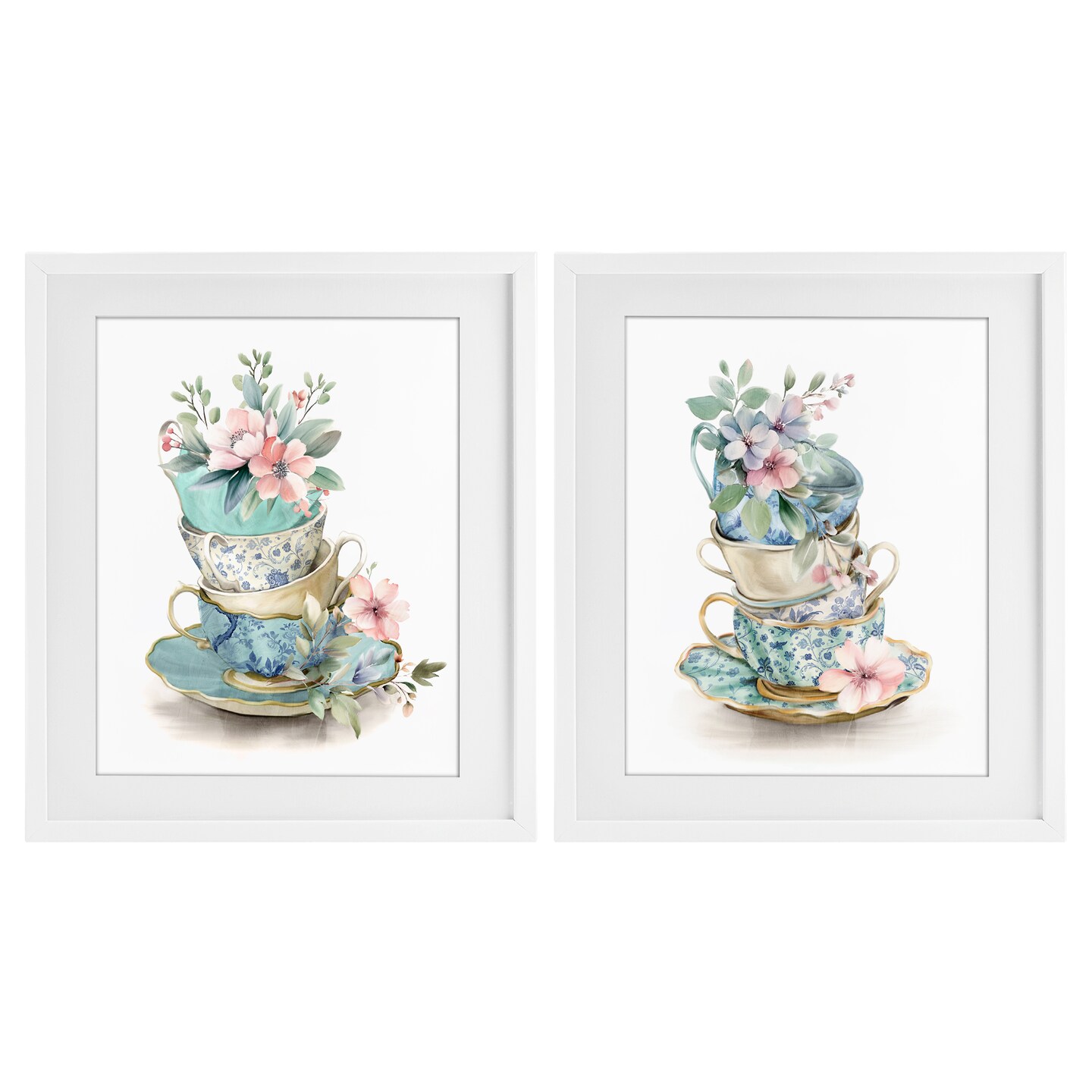 Stupell Industries Stacked Teacup Chinoiserie 2pc Framed Print Under Glass Set, design by Kim Allen