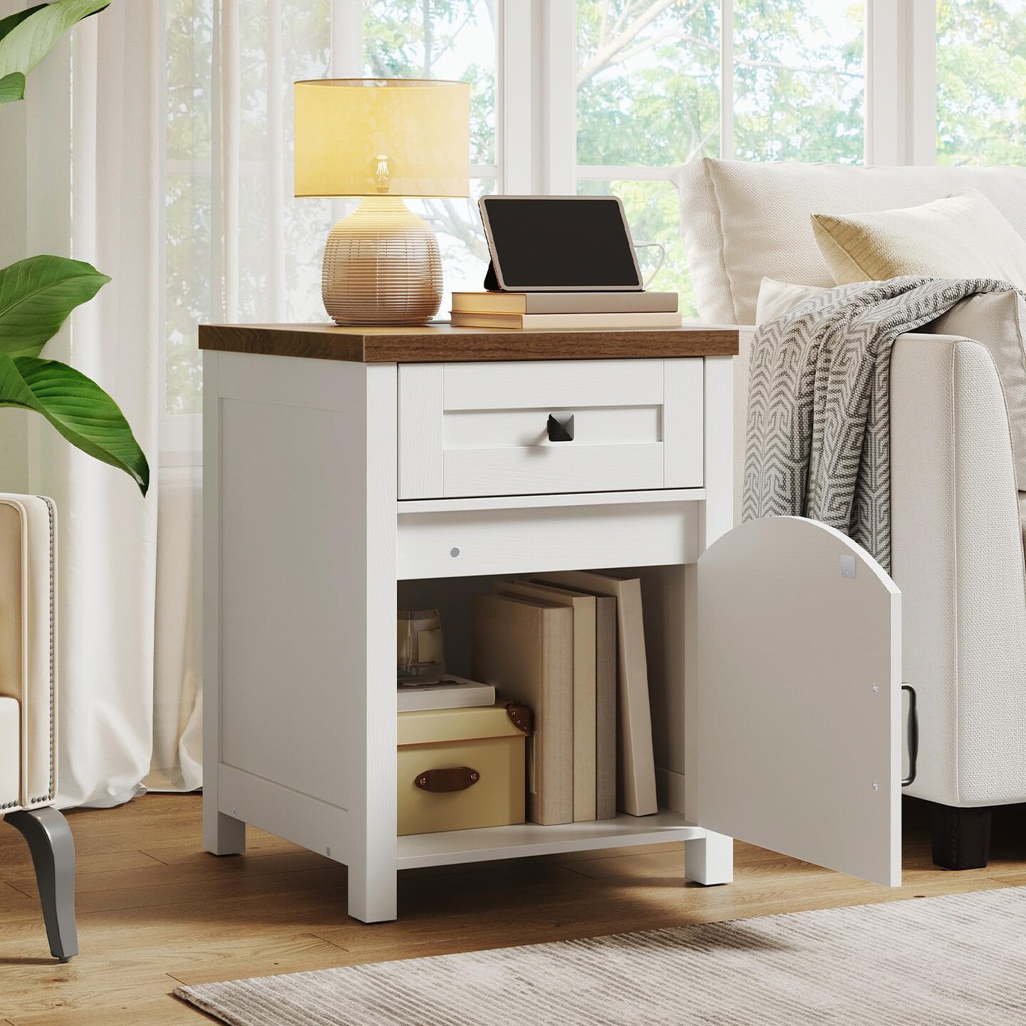 White Wood End Table with Drawer Cabinet and Charging Station