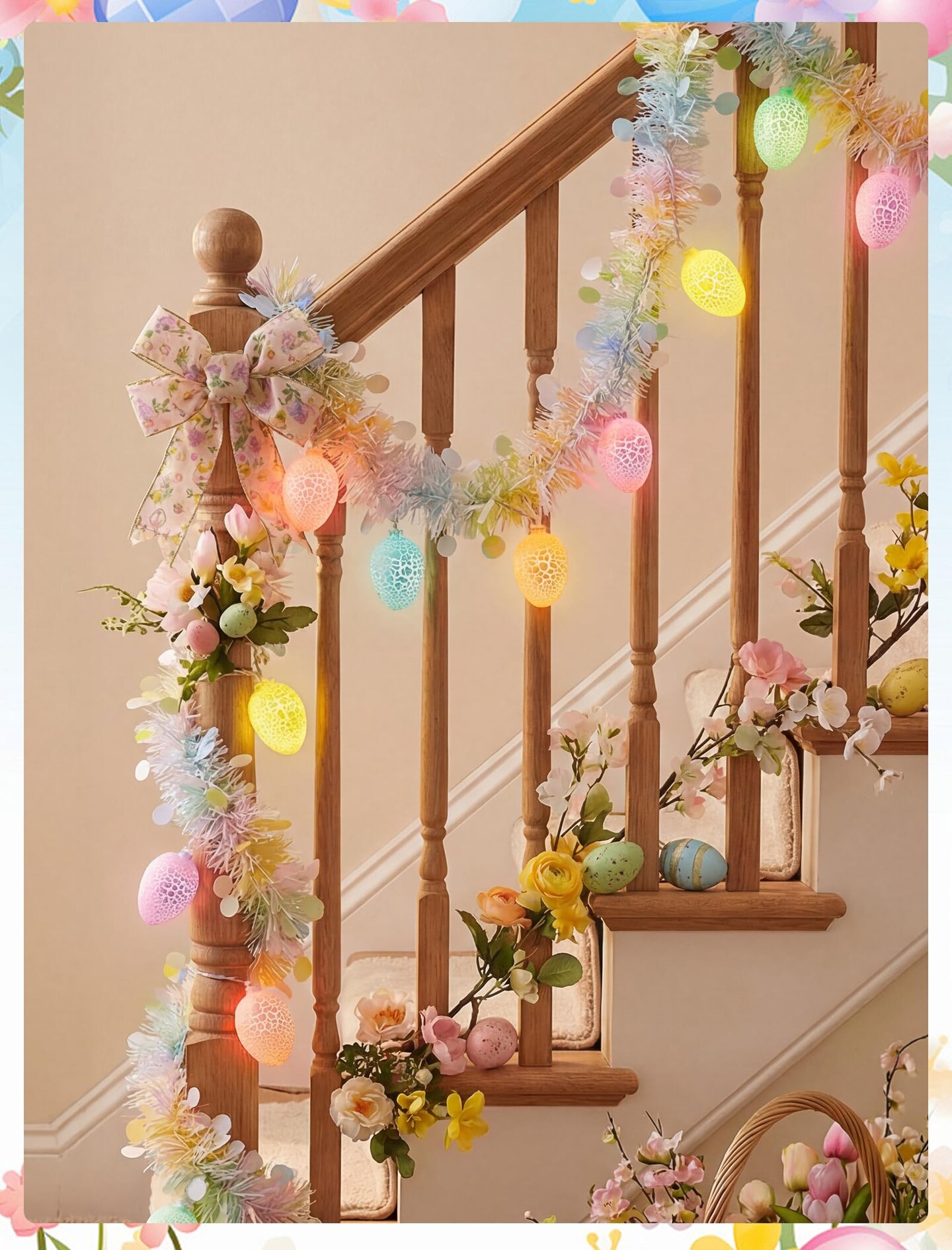 8.5Ft Easter Garland with Lights, Plug in Easter Egg String Lights & Pastel Tinsel Set (White Wire), Connectable Waterproof Indoor Outdoor Decor for Home Mantle Bedroom Party